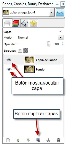 Duplicar capa en ejercicio quitar arrugas de un rostro con Gimp