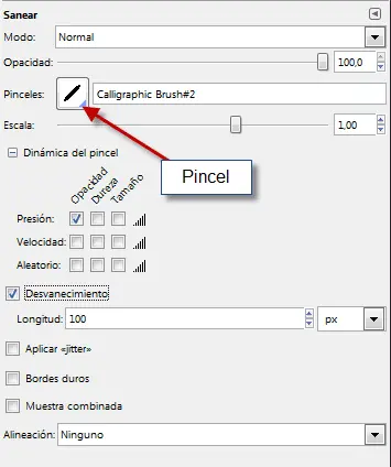 Seleccionar pincel en ejercicio quitar arrugas de un rostro con Gimp